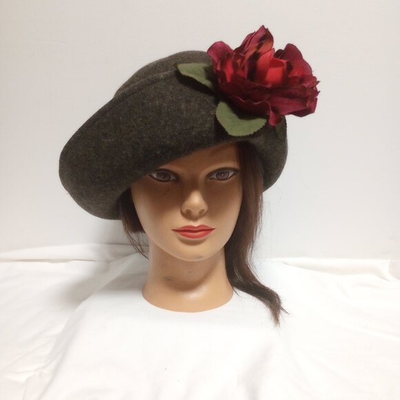 Gray Felted Wool Derby Hat with Burgundy Red Silk Flower - Picture 1 of 11